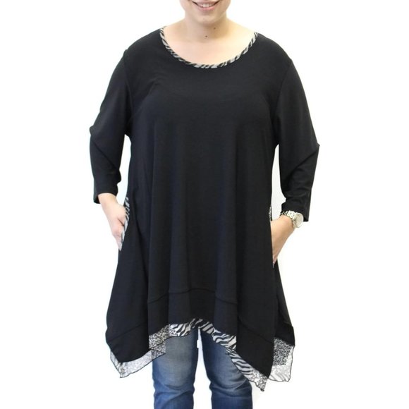 Pretty Woman Solid Tunic With Animal Print Trim Plus Size, Black - Picture 6 of 6